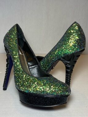 Rachel Roy Keendan Platform Heels Glitter Green Disco Punk Poison Ivy 7.5 M
